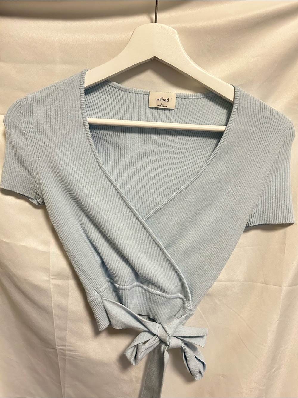 Wilfred Pale Blue Ribbed Wrap Tie Crop Top